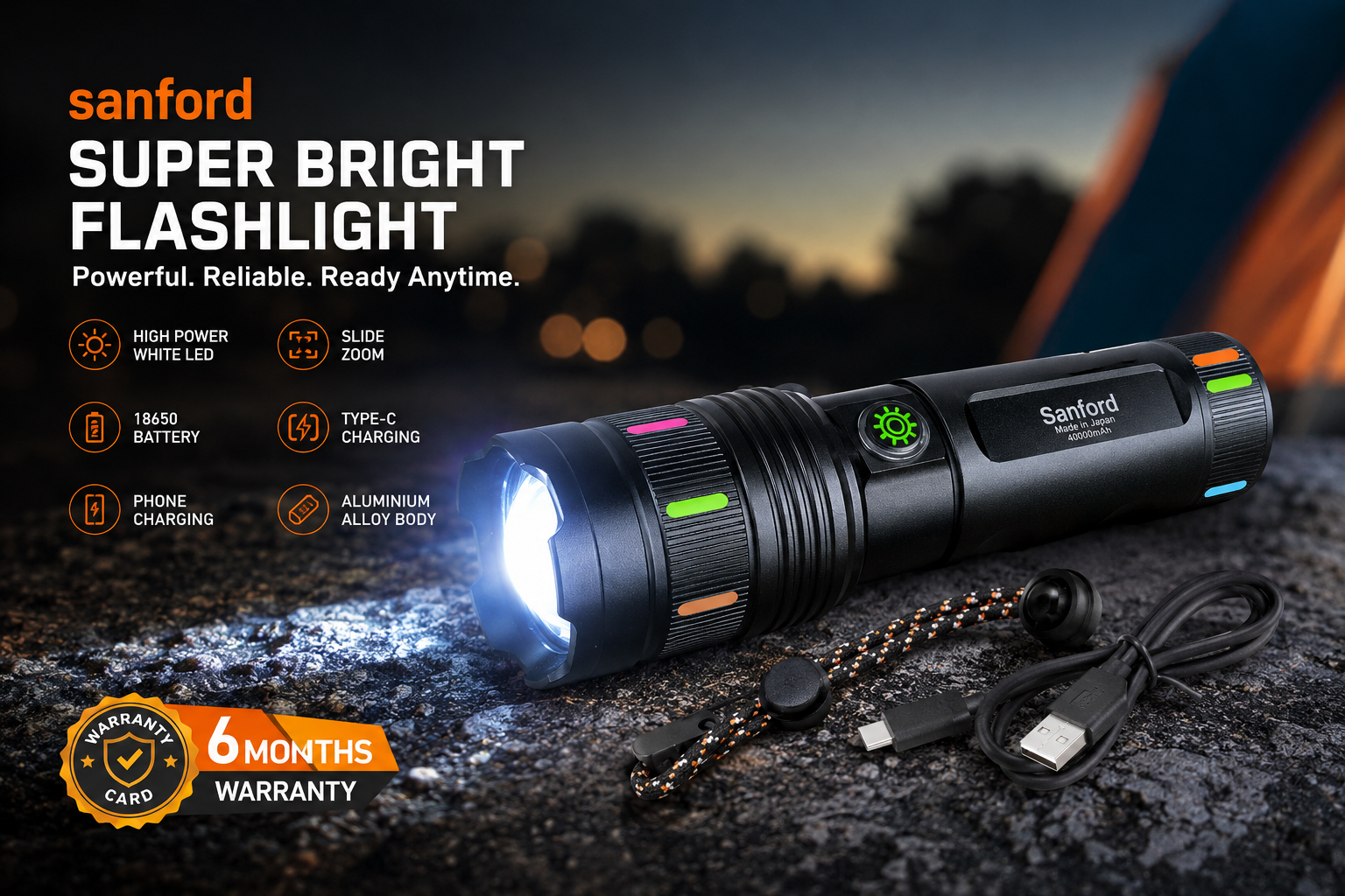 40000 MAH Betray Sanford Super Bright Rechargeable Flashlight